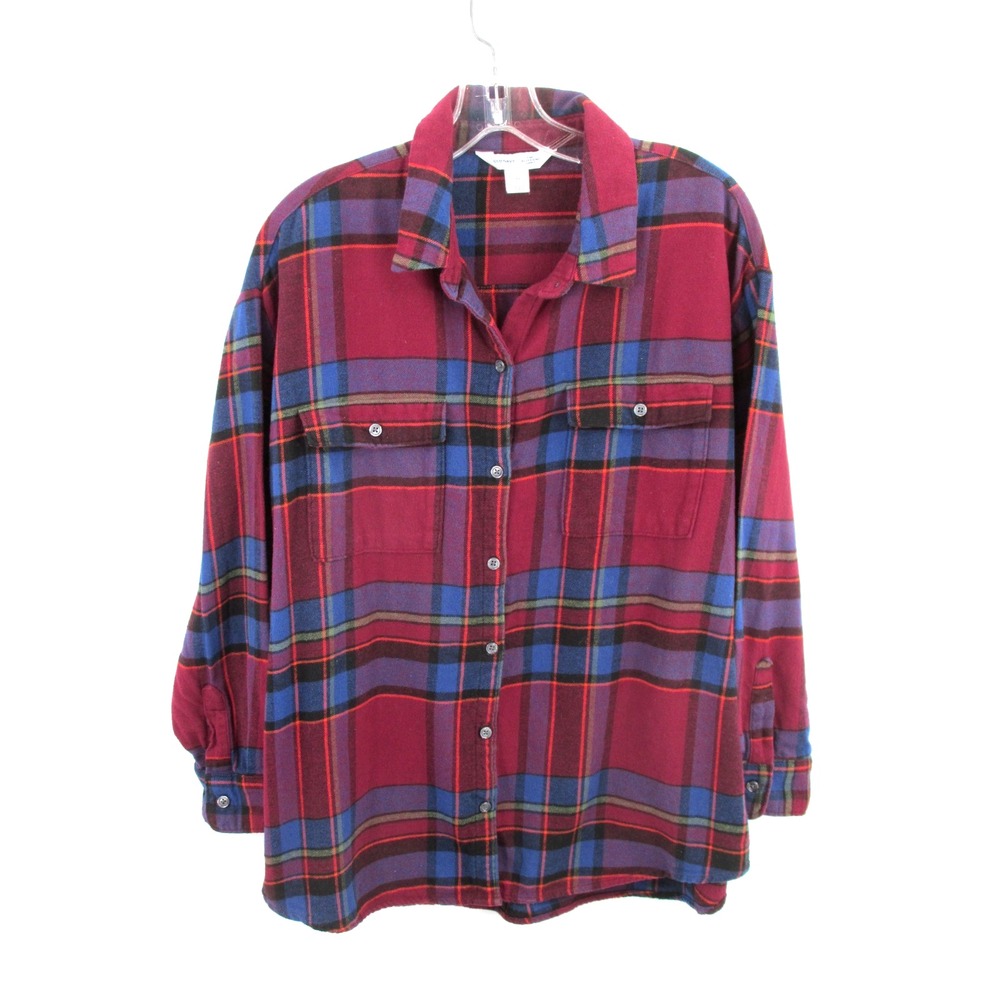 Old Navy Flannel Boyfriend Shirt Women XL Blue Red Plaid Long Sleeve S/739570-14